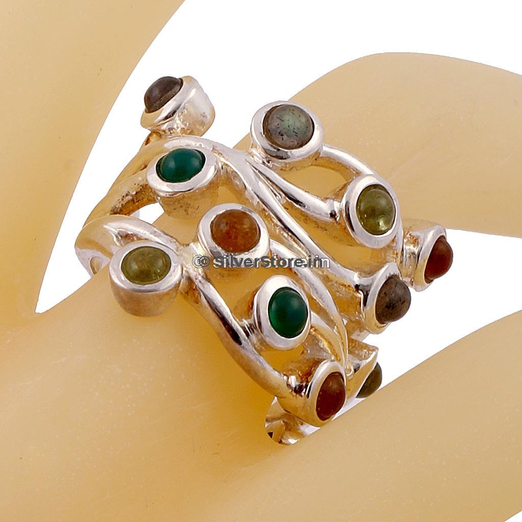 Buy 925 Silver Multi-Colored Stone Designer Ring for women Online 