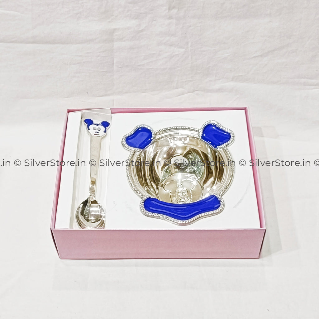 Pure Silver Bowl And Spoon For Baby - 925 Bis Hallmark Blue Colour Silver Bowl