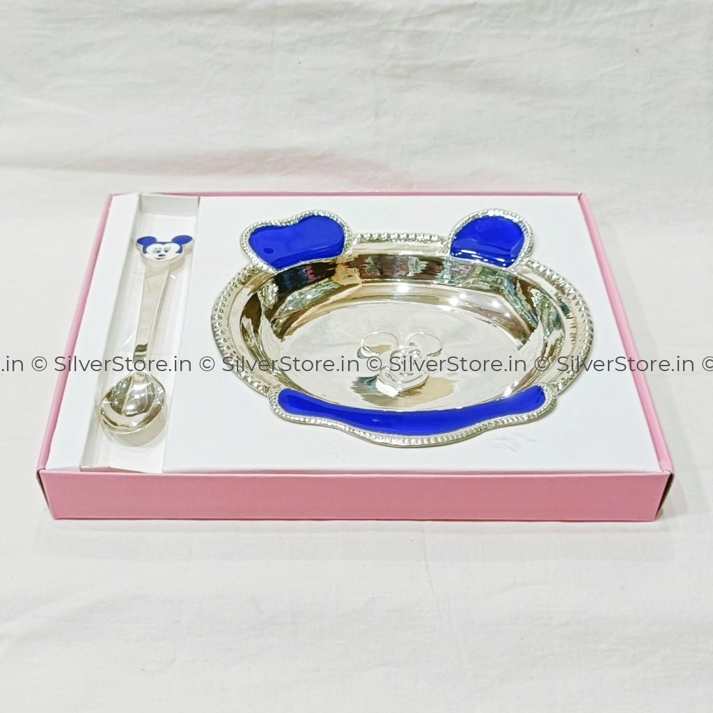 Pure Silver Bowl And Spoon For Baby - 925 Bis Hallmark Blue Colour Oval Shape 6’’ Inch Size