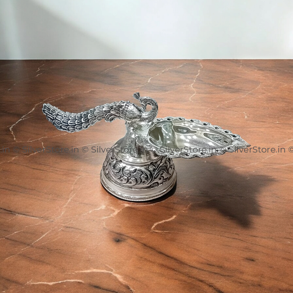 Pure Silver Diya - Peacock Handle 925 Bis Hallmark Silver Diya