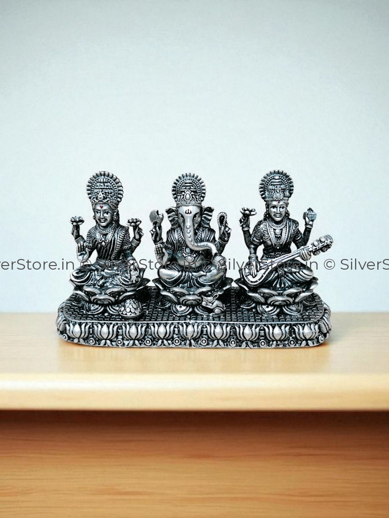 Pure Silver Ganesh Laxmi Sarswati idol seating on lotus 925 silver 2.25’’ height Silver Idol