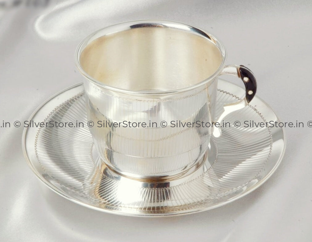 Silver Cup Saucer 925 Bis Hallmarked - line Pattern - Full Cup