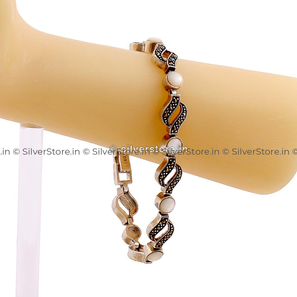 Silver Marcasite Wavy Motif Pearl Bracelet For Woman Womens Bracelets