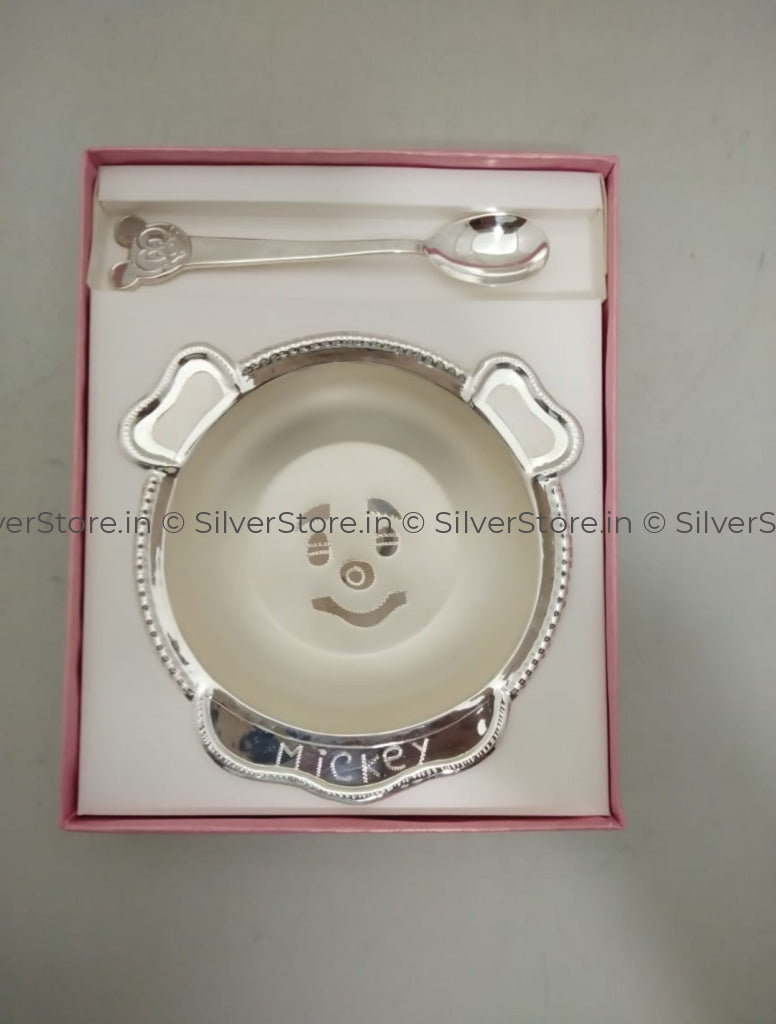 Silver Mickey Mouse Bowl Spoon Set For Baby - 925 Bis Hallmark Gifts