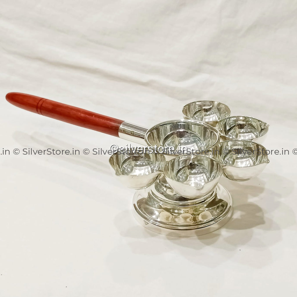 Silver Panchaarti/ Silver 5 Diya Aarti With Wooden Handle - 925