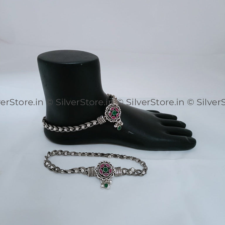 Silver Payal / Anklet - 925 Gajra Pattern With Foxtail Cross Chain Beads And Broch An-20