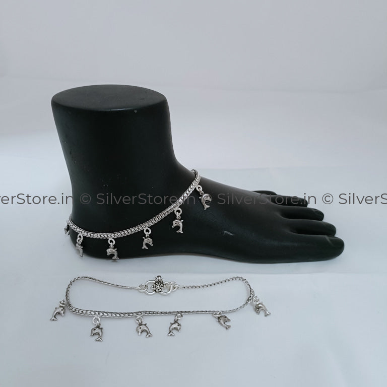 Silver Payal / Anklet - 925 Hanging Dolphin Pattern An-19