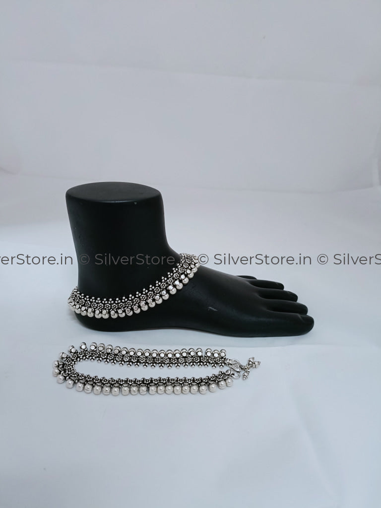 Silver Payal Silver Anklet 925 Silver Mogra Pattern with Hanging Balls AN-18