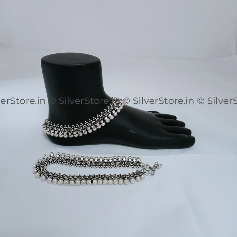 Silver Payal / Anklet - 925 Mogra Pattern With Hanging Balls An-18