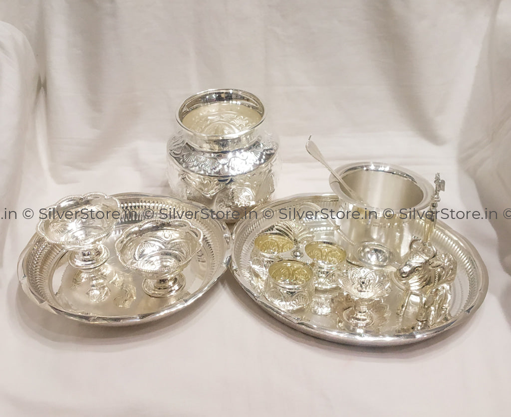 Silver Pooja Set - Pack Of 12 Items Pooja Item