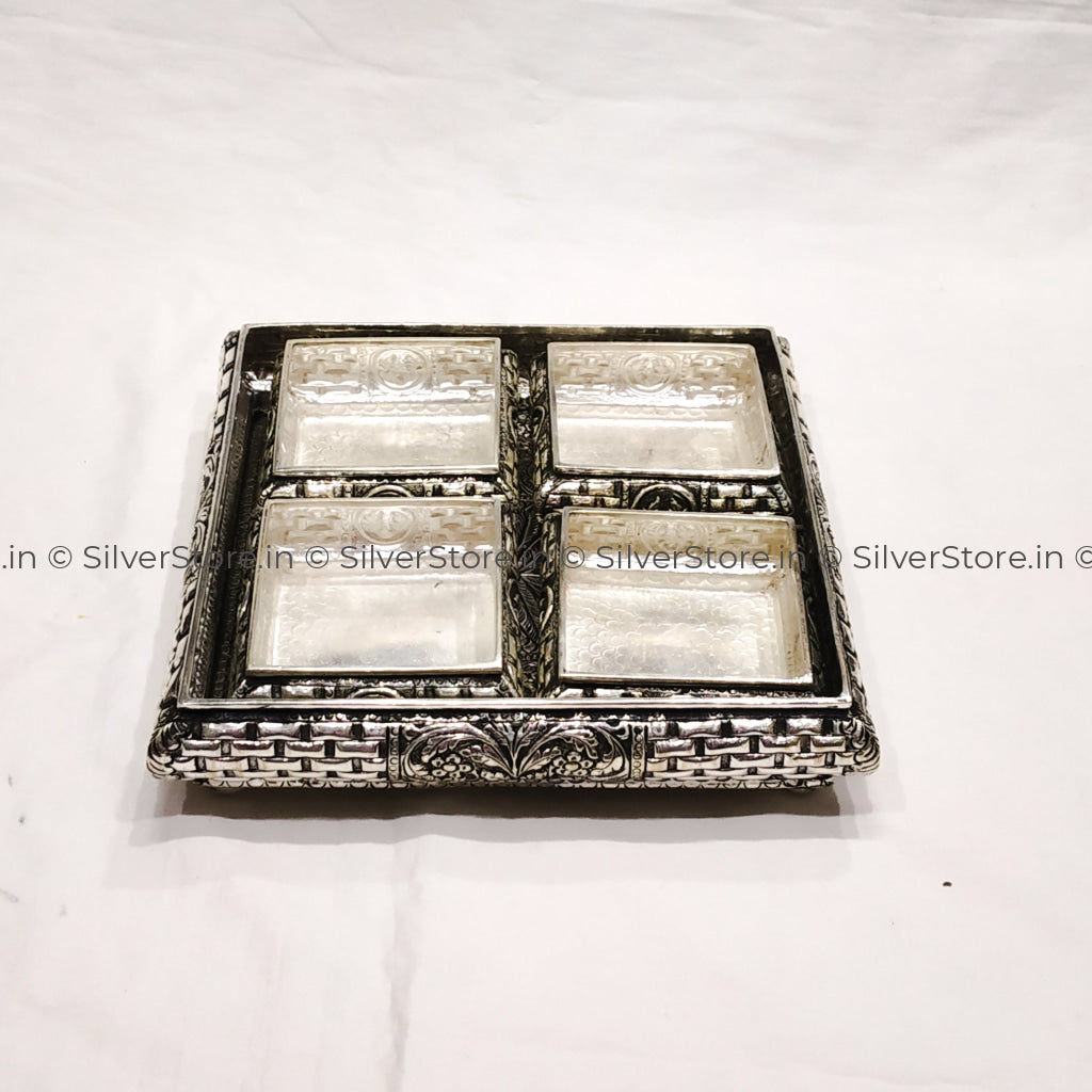 Silver Pooja Set - Square Pattern 925 Pooja Thali