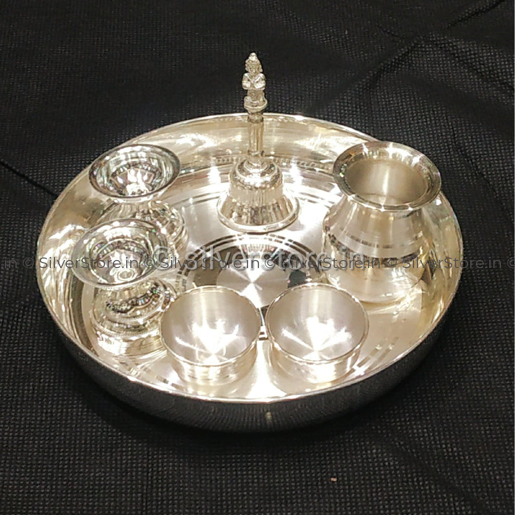 Silver Pooja Thali - Pack Of 7 Items 6 Plate Size Pooja