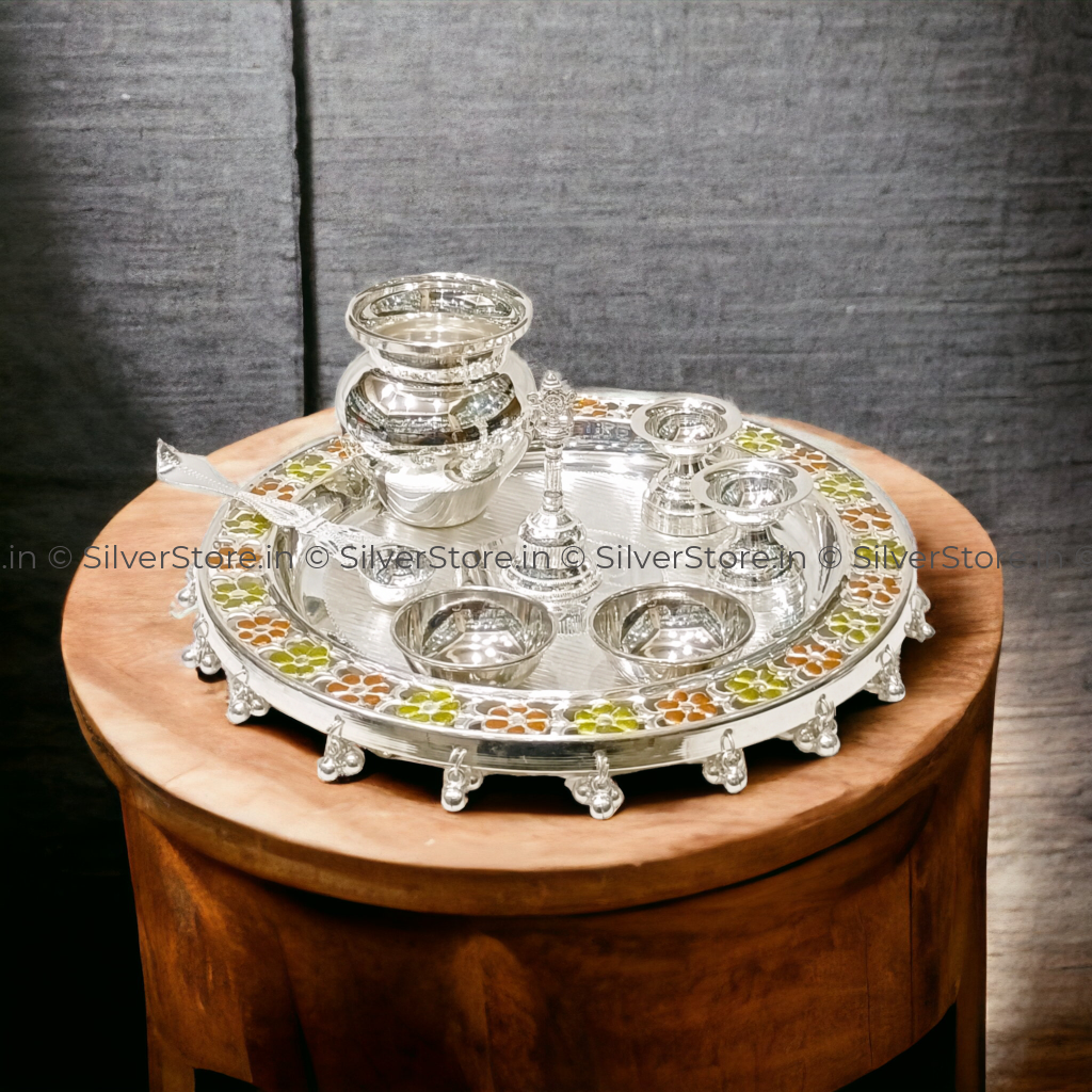 Silver Pooja Thali Set - 925 8 Size Pack Of Silver Pooja Thali
