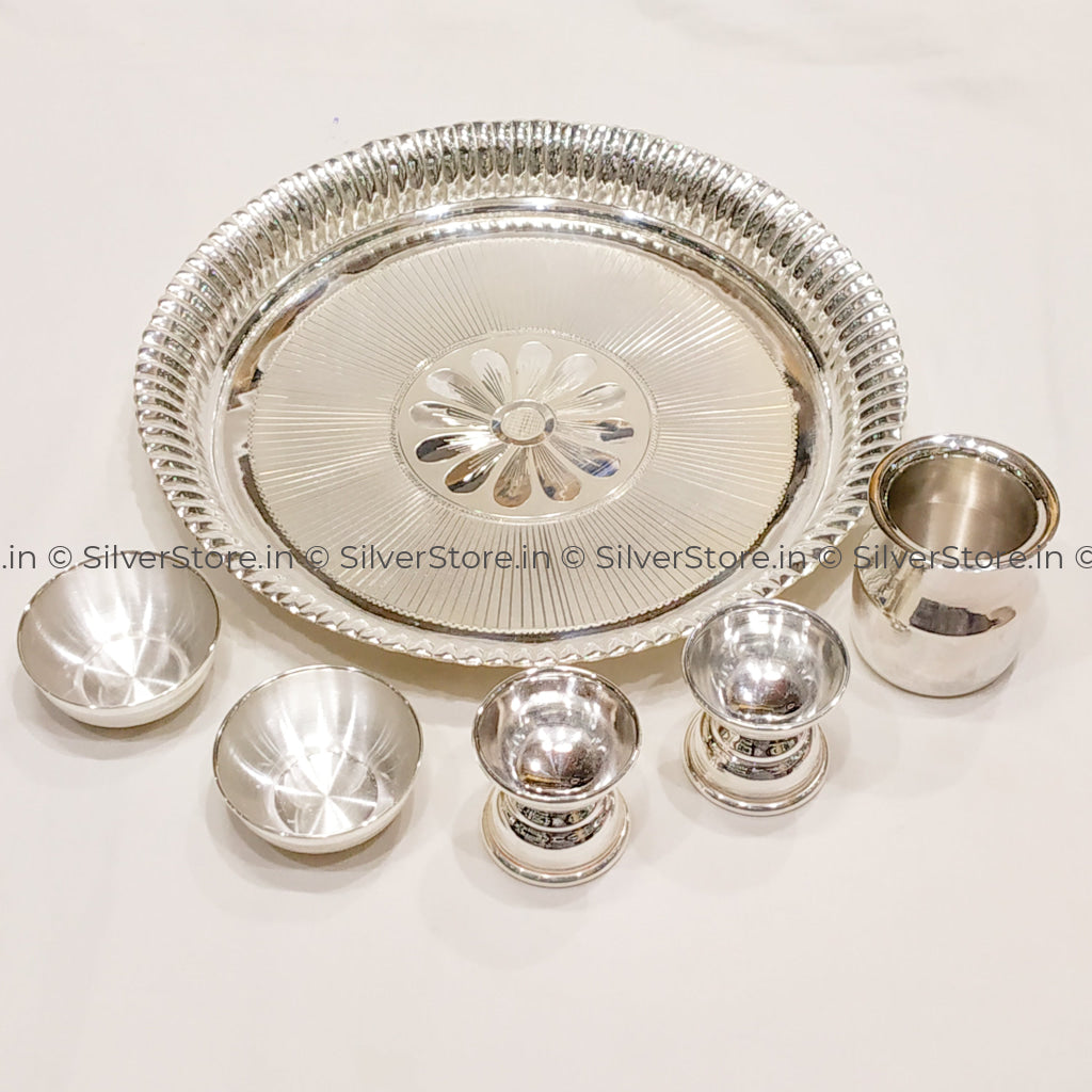 Silver Pooja Thali Set - 925 Pack Of 6 10 Inches Size Silver Pooja Thali