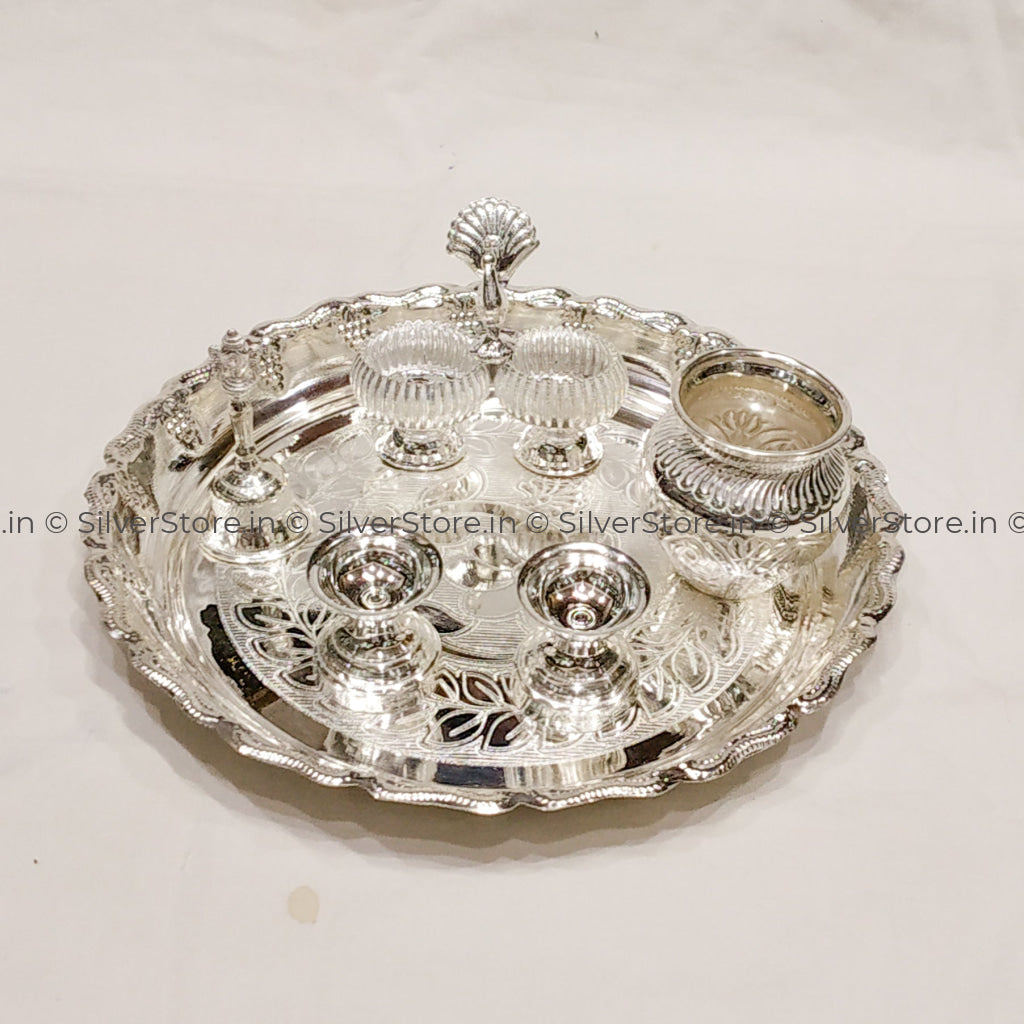 Silver Pooja Thali Set - 925 Pack Of 6 Silver Pooja Thali