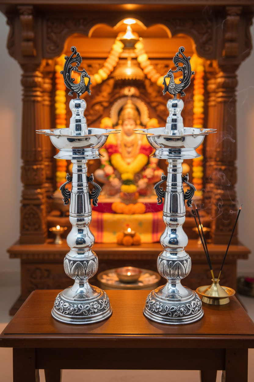 Two silver traditional oil lamps before a softly lit Hindu home shrine with incense and a decorated deity.