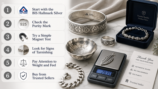 Guide to identify real silver jewelry using BIS hallmark, 925 purity mark, magnet test, and authenticity checks