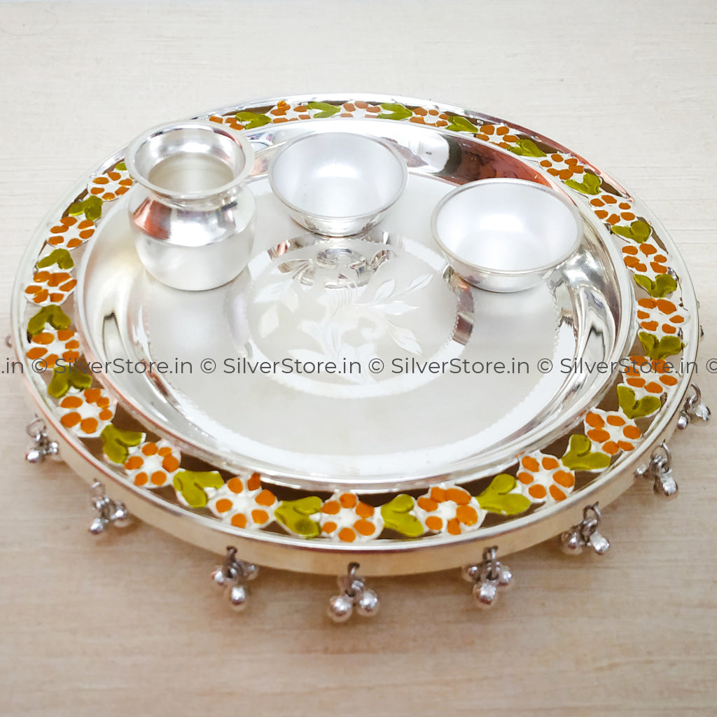 925 Pure Silver Pooja Thali - Flower Pattern