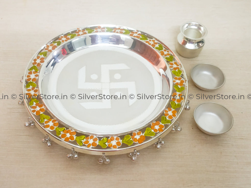 925 Pure Silver Pooja Thali - Swastik Pattern Bis Hallmark