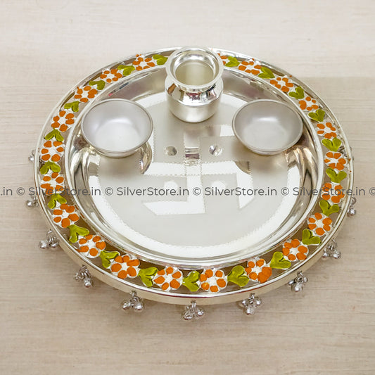 925 Pure Silver Pooja Thali - Swastik Pattern Bis Hallmark