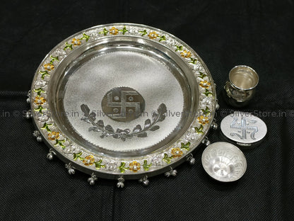 925 Silver Pooja Thali - Meena Pattern 8 Size Pack Of 4 Items Pooja Thali
