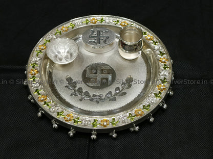 925 Silver Pooja Thali - Meena Pattern 8 Size Pack Of 4 Items Pooja Thali