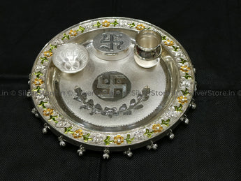 925 Silver Pooja Thali - Meena Pattern 8 Size Pack Of 4 Items Pooja Thali