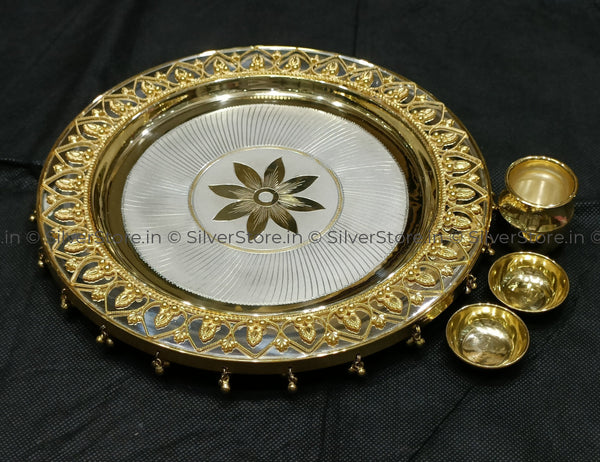 925 Silver Pooja Thali Set - Gajara Pattern 8 Size Pack Of 4 Items