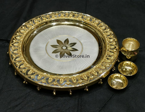925 Silver Pooja Thali Set - Gajara Pattern 9 Size Pack Of 4 Items
