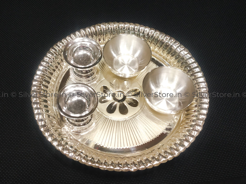 925 Silver Pooja Thali Set - Pack Of 5 Pc 8 Size Silver Pooja