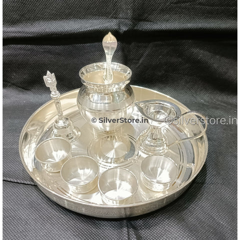 925 Silver Pooja Thali Set - Pack Of 9 Items 7 Inches