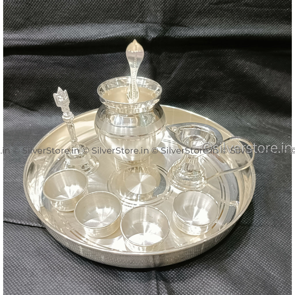 925 Silver Pooja Thali Set - Pack Of 9 Items 7 Inches