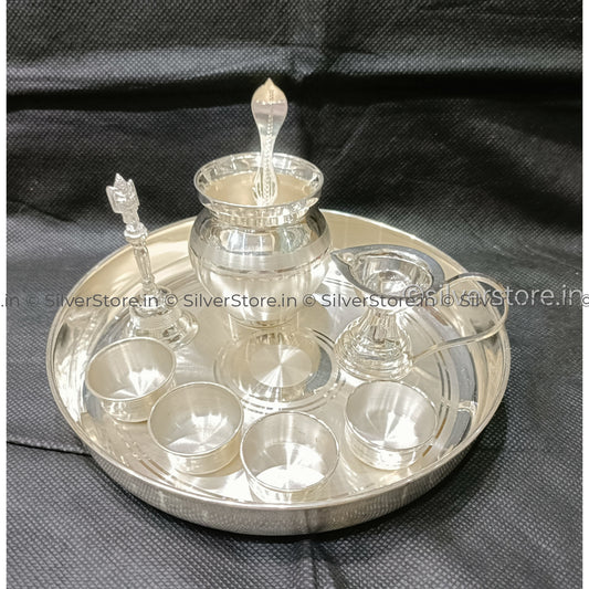 925 Silver Pooja Thali Set - Pack Of 9 Items 7 Inches