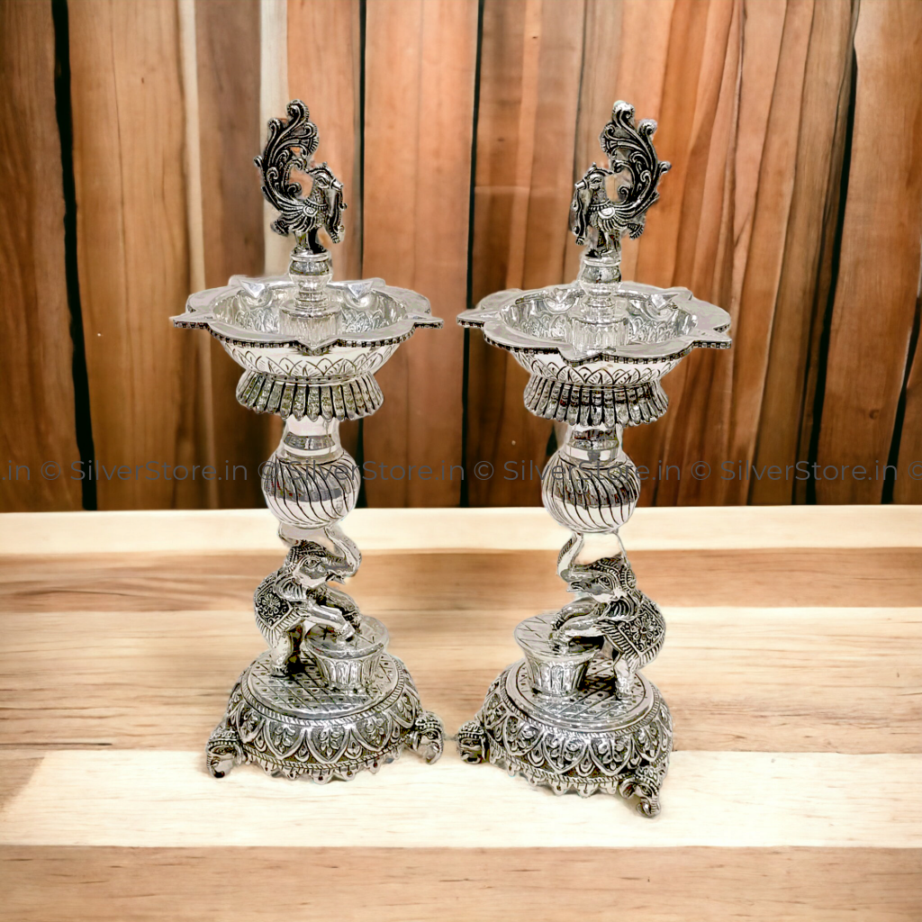 925 Silver - Samay Diya Elephant Pattern 11.5 Inches Height Silver
