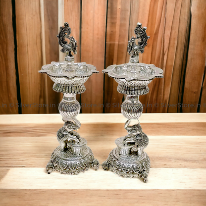925 Silver - Samay Diya Elephant Pattern 11.5 Inches Height Silver