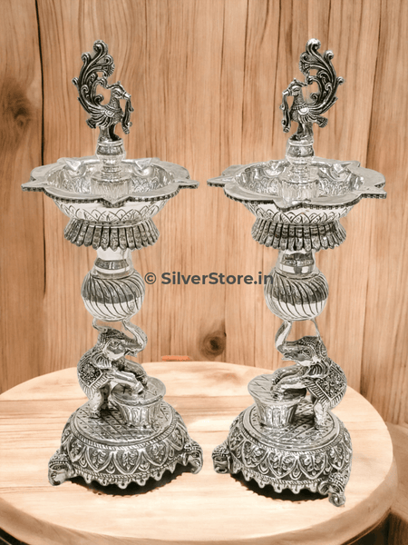 925 Silver - Samay Diya Elephant Pattern 11.5 Inches Height Silver