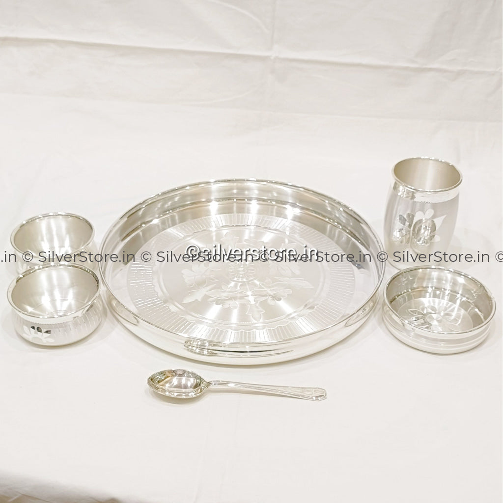 999 Pure Silver Dinner Set / Thali - Ashapura Pattern With Bis Hallmark 11’ Size Flower Engraving