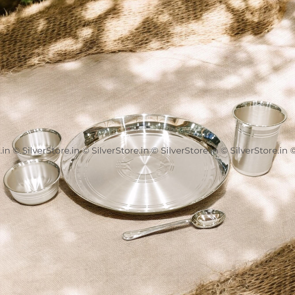 999 Pure Silver Dinner Set / Thali - Kolkata Pattern With Bis Hallmark Silver Dinner Set