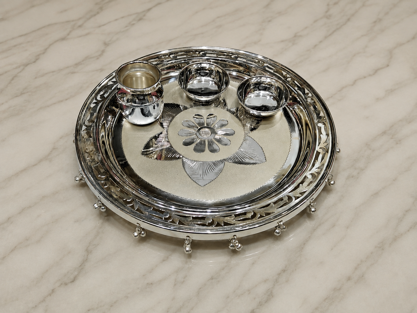 Silver Pooja Thali set - 925 Silver - 9" size - Pack of 4