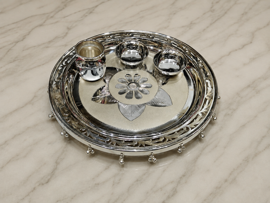 Silver Pooja Thali set - 925 Silver - 9" size - Pack of 4
