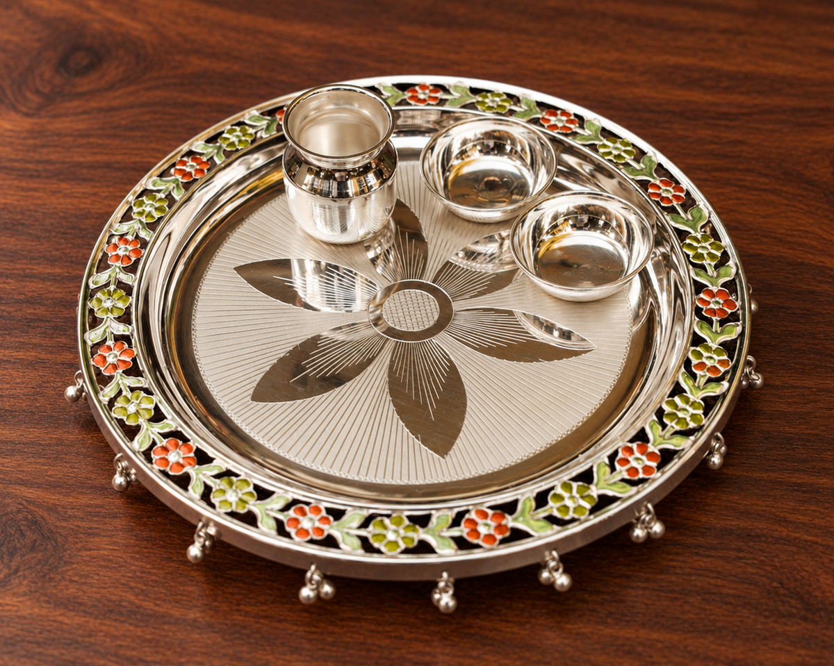 Silver Pooja Thali set - 925 Silver - 9" size - Pack of 4  - 925 Bis Hallmark