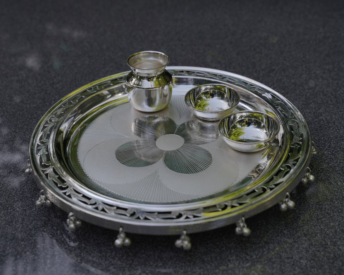 Silver Pooja Thali set - 925 Silver - 9" size - Pack of 4 - 925 Bis Hallmark