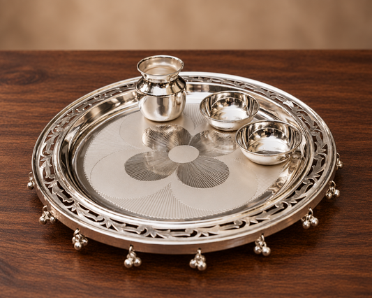 Silver Pooja Thali set - 925 Silver - 9" size - Pack of 4 - 925 Bis Hallmark