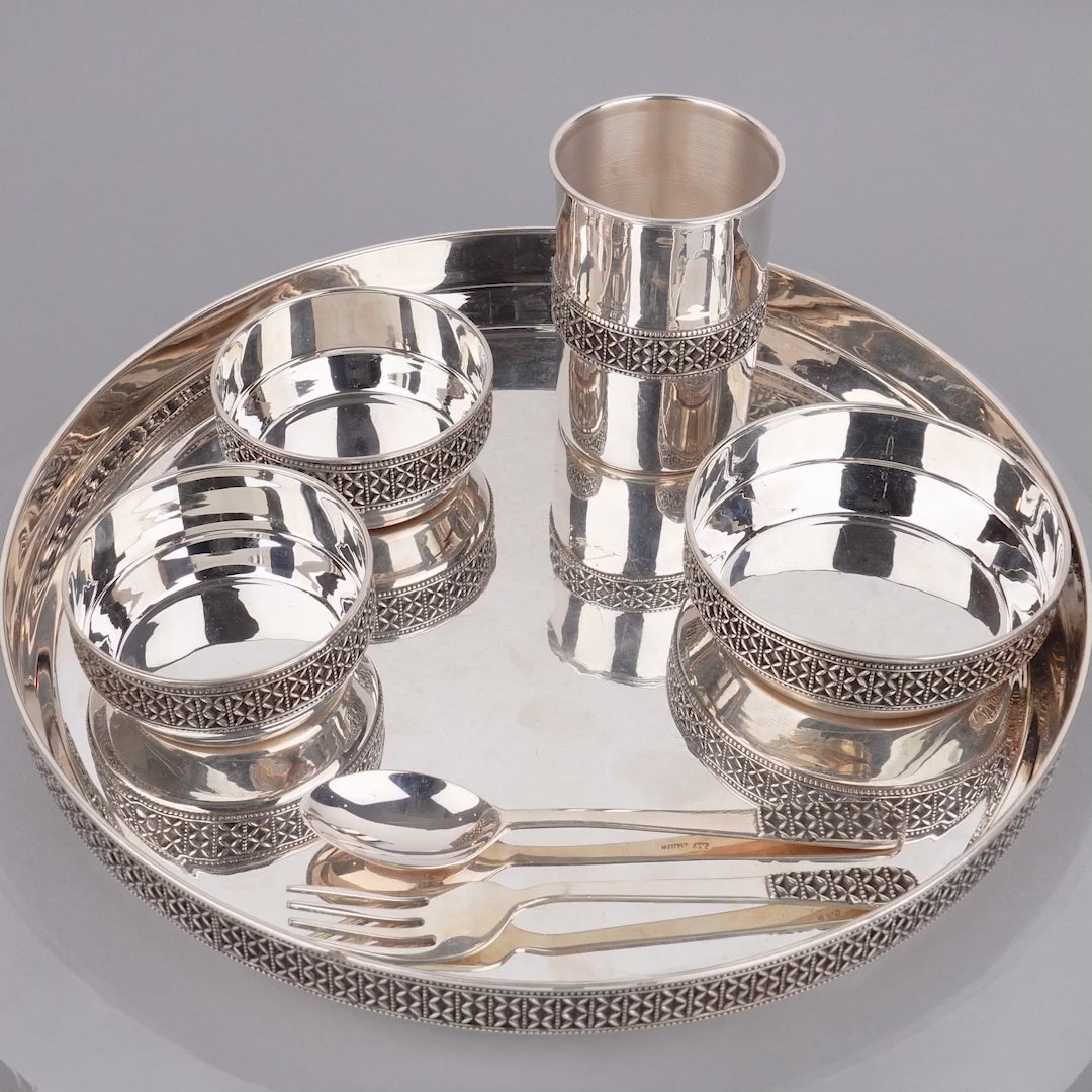 Pure Silver Dinner Set /Pure Silver thali set - 925 Bis hallmarked - Antique Finish on Border with glass katori spoon and fork