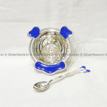 Pure Silver Bowl And Spoon For Baby - 925 Bis Hallmark Blue Colour Silver Bowl