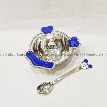 Pure Silver Bowl And Spoon For Baby - 925 Bis Hallmark Blue Colour Silver Bowl