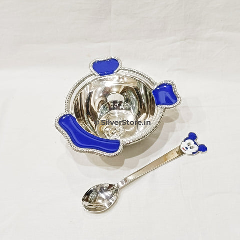 Pure Silver Bowl And Spoon For Baby - 925 Bis Hallmark Blue Colour Silver Bowl