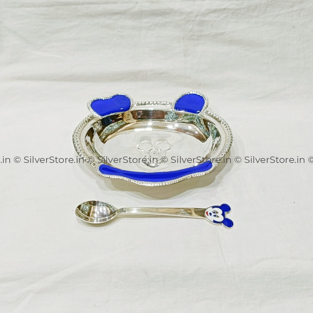 Pure Silver Bowl And Spoon For Baby - 925 Bis Hallmark Blue Colour Oval Shape 5’’ Inch Size