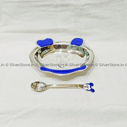 Pure Silver Bowl And Spoon For Baby - 925 Bis Hallmark Blue Colour Oval Shape 5’’ Inch Size