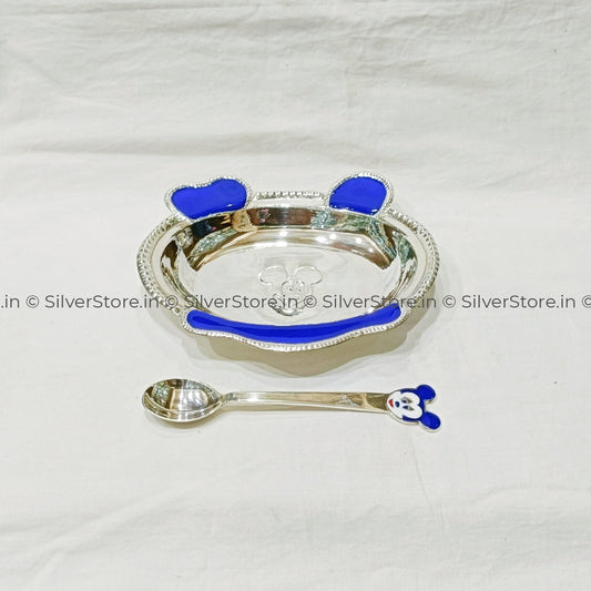 Pure Silver Bowl And Spoon For Baby - 925 Bis Hallmark Blue Colour Oval Shape 5’’ Inch Size